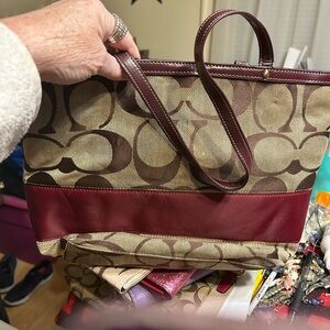 Coach Brown and Burgundy Signature Tote